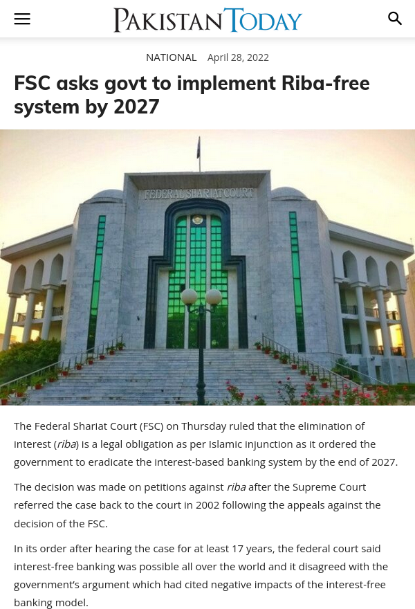 Pakistan Today - FSC asks govt to implement Riba-free system by 2027